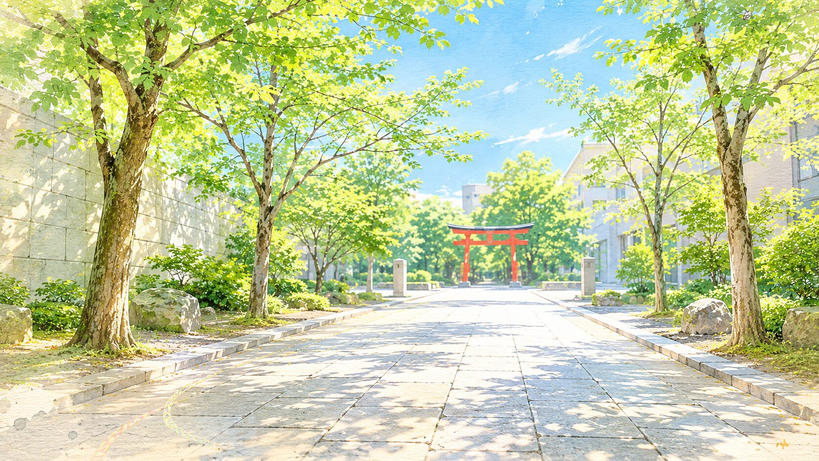 5 月中旬の神田明神境内を上から俯瞰した painterly な情景。画面下半分に石畳の参道、両脇に若々しい青葉のケヤキや桜の街路樹、画面奥に小さく朱色の鳥居 1 基が見える。空は爽やかな初夏の青空、参道は静かで人影なし。神田祭の季節感(初夏の青葉と石畳の落ち着き)を伝える画像