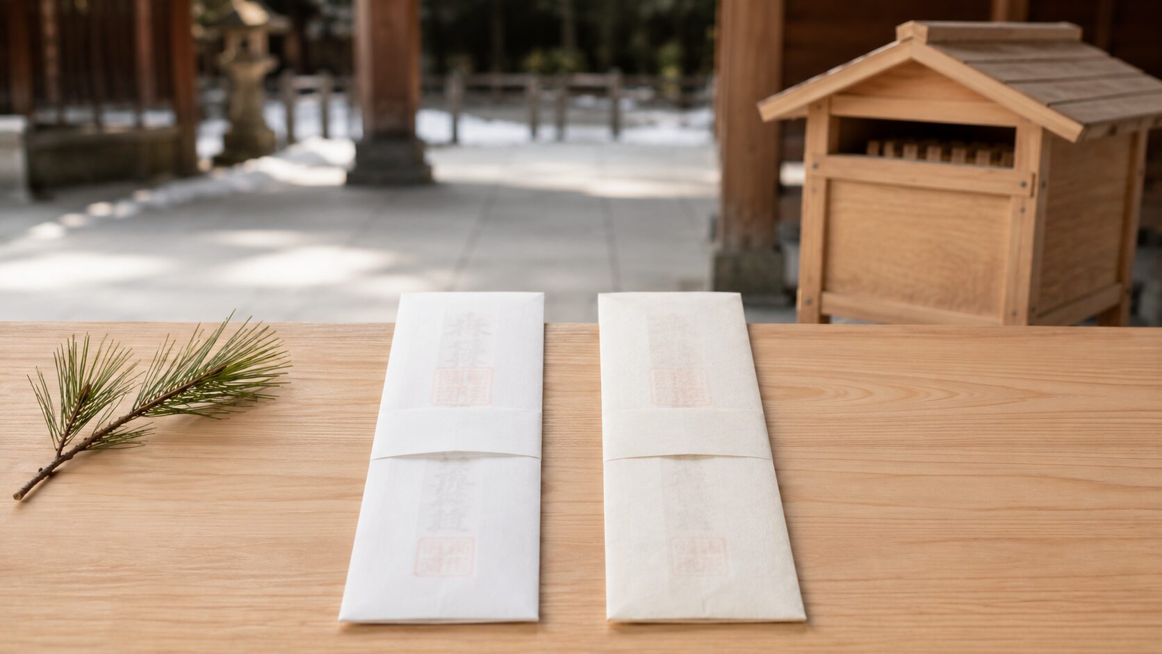 ivory washi 背景に painterly な新旧2枚の神札が並んだ構図、左に新しい清浄な神札・右に一年お祀りした柔らかな経年感のある神札、背景右奥に古札納所の小さな木造の箱のシルエット、左端に1本の松の小枝、年末年始の朝光を象徴