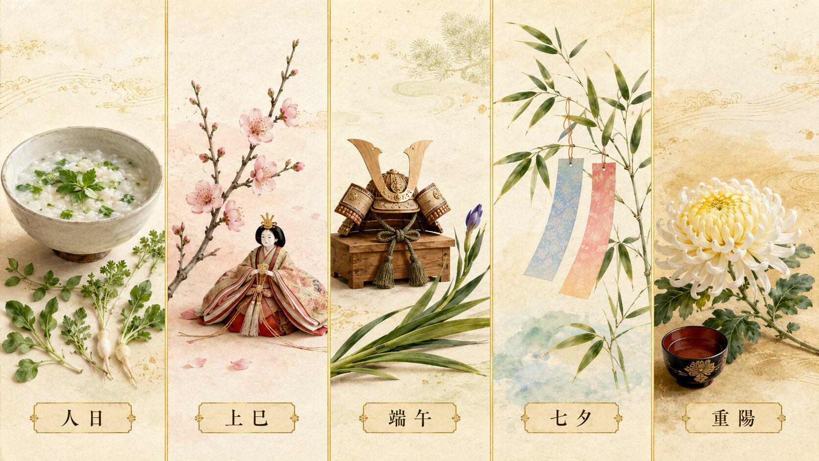 五節句（人日・上巳・端午・七夕・重陽）を5パネルで象徴的に視覚化した painterly 図解。各節句の代表的な要素（七草・桃と雛・鯉のぼり・笹・菊）と日本語ラベル