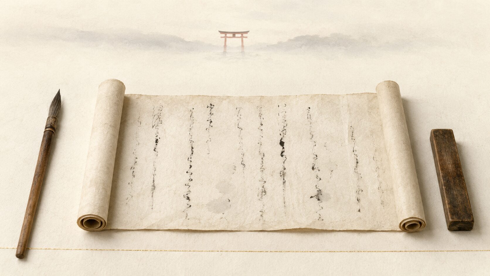 ivory washi 背景に painterly な俯瞰画像。中央に和紙の巻物(延喜式神名帳のイメージ)と古い木製の筆、文鎮、上空に朱色鳥居遠景。社号の歴史と延喜式神名帳の世界観を象徴