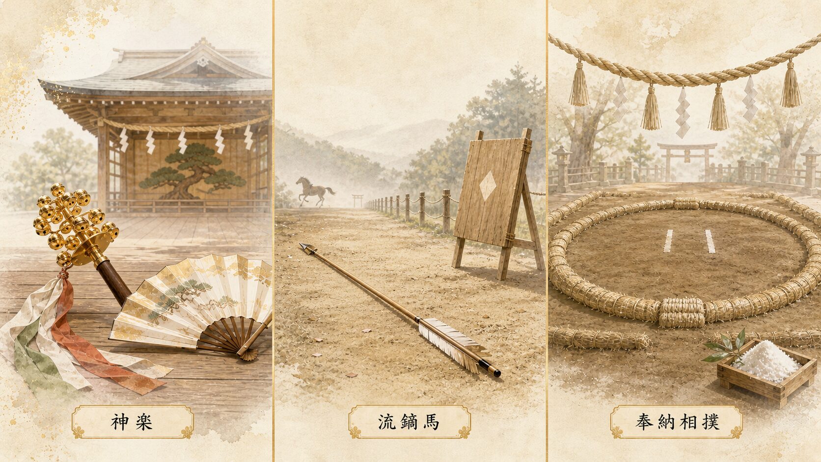 神楽・流鏑馬・奉納相撲の奉納行事を3パネルで象徴的に対比視覚化した painterly 図解。各行事の象徴アイテムと日本語ラベル