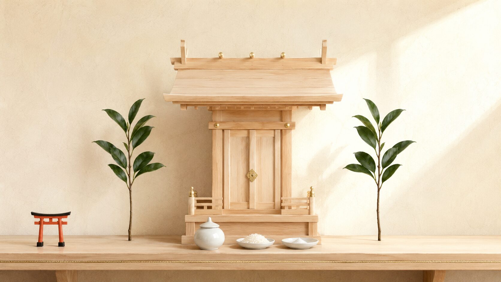 ivory washi 背景に painterly な家庭神棚の正面遠景。木製の神棚、前に水玉・米・塩の小皿、両側に榊の小枝、左下に小さな朱色鳥居の置物。家庭神棚での祈りの世界観を象徴