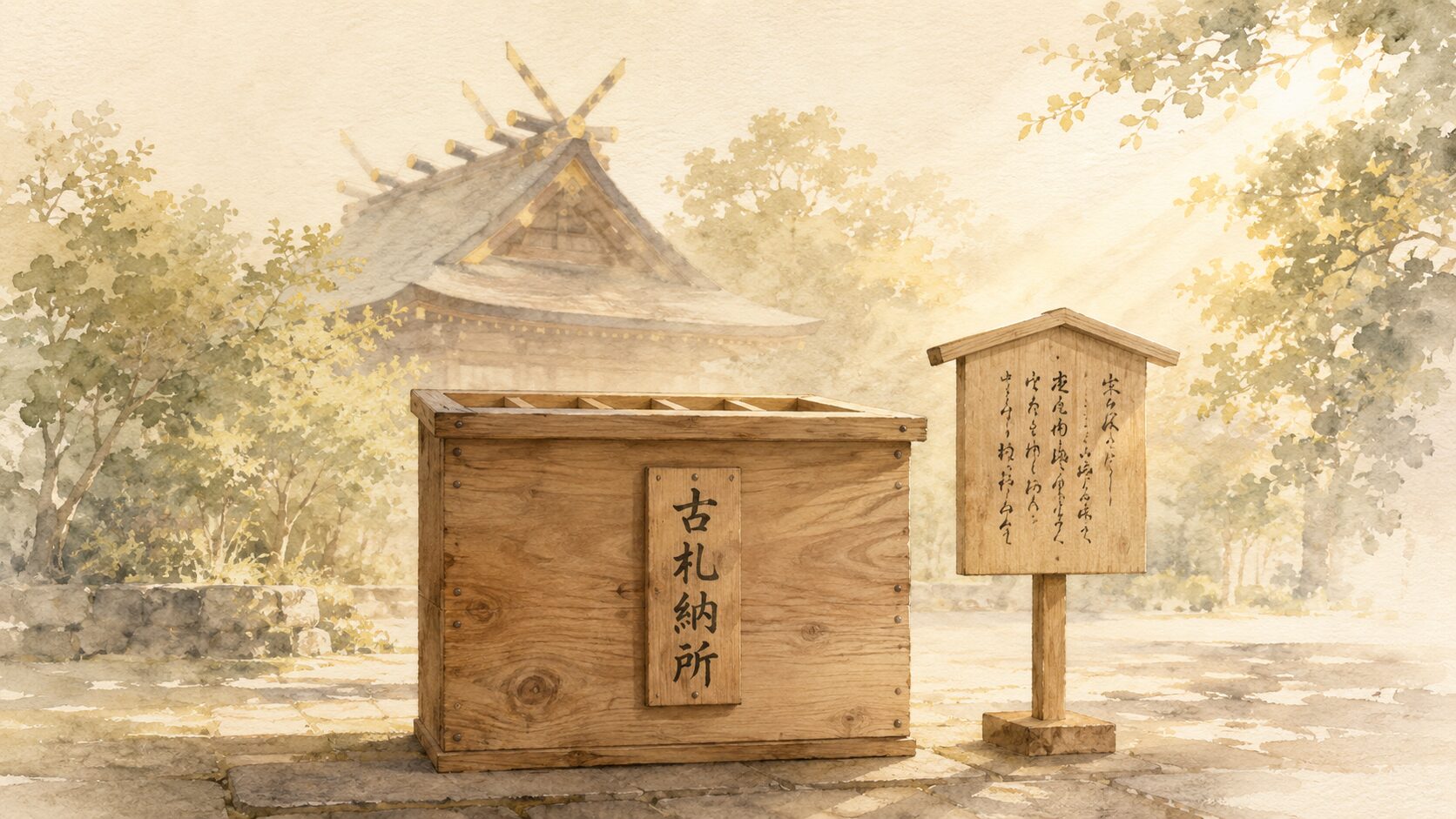 ivory washi 背景に painterly な神社境内の古札納所と受付案内の看板、背景に本殿の屋根と境内、神社で返納する場面を象徴