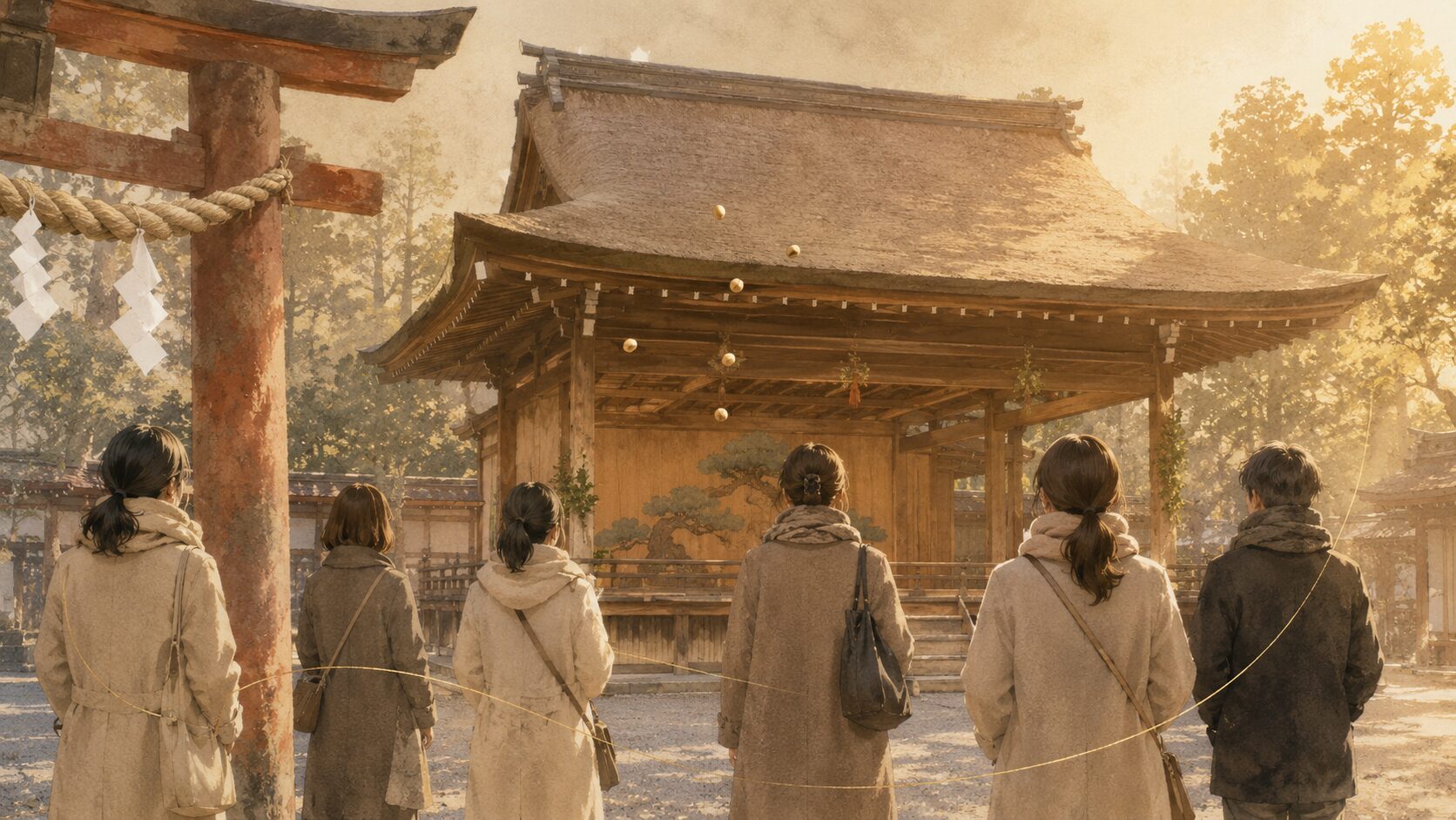 神社の境内で節分祭の福豆撒きが行われる painterly な情景、参列者の後ろ姿の遠景と painterly な舞殿・鳥居・注連縄飾り、立春前日の柔らかな光