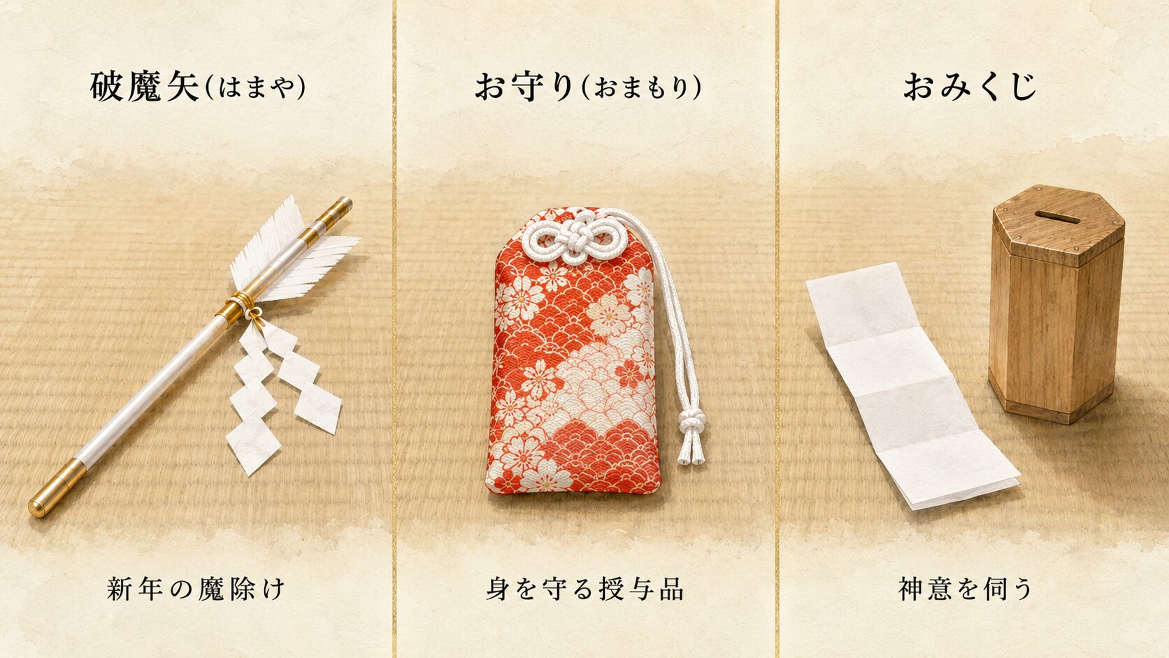 破魔矢・お守り・おみくじの3点の painterly な静物が3列で並ぶインフォグラフィック