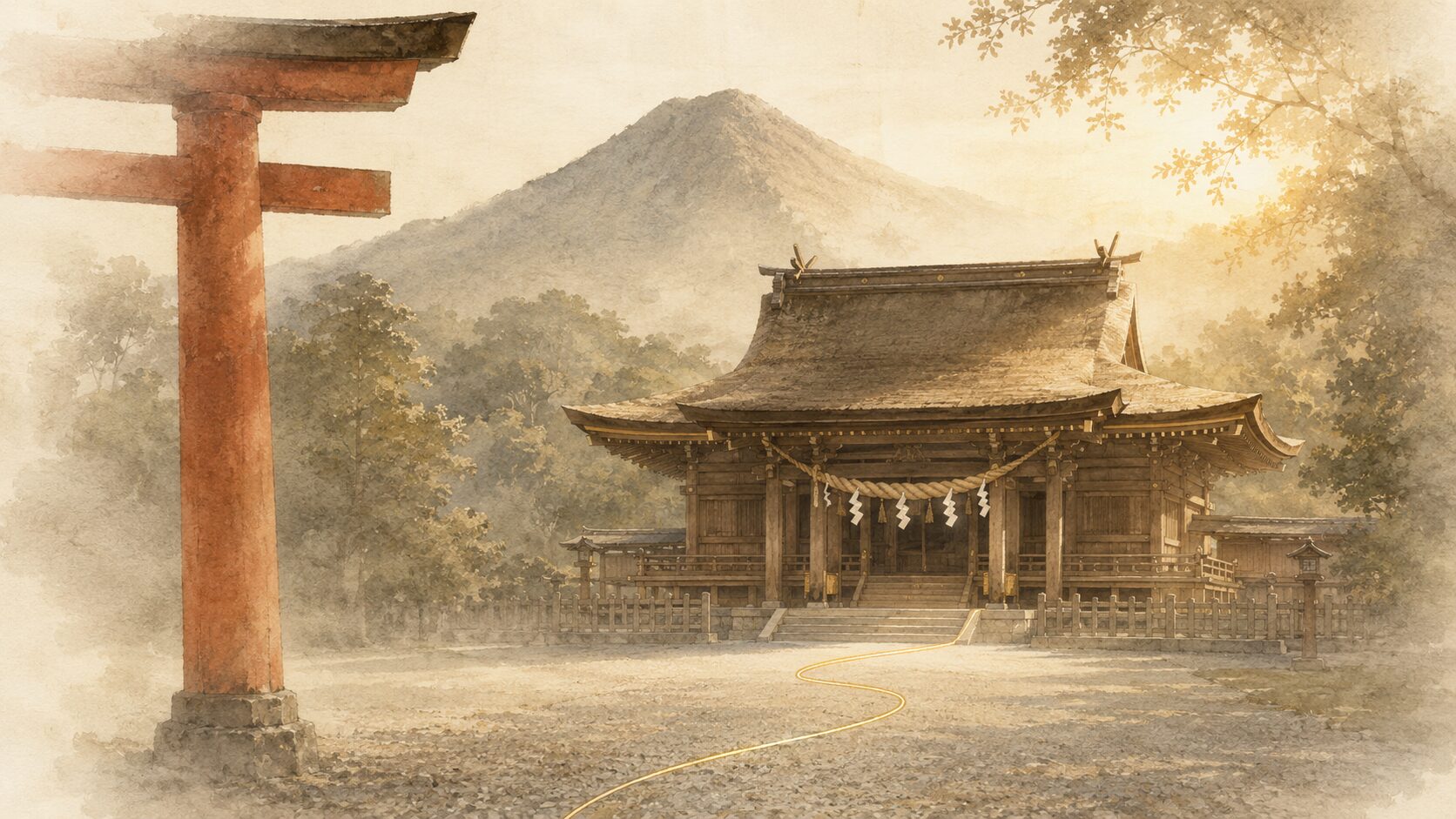 ivory washi 背景に中央に painterly な橿原神宮の本殿のシルエット、奥に畝傍山のシルエット、手前に painterly な鳥居と注連縄が描かれた構図、即位の地と橿原神宮を象徴