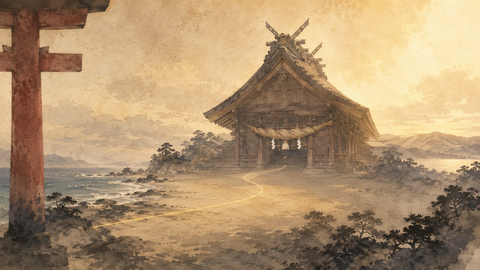ivory washi 背景に中央に painterly な出雲大社の本殿のシルエット、左奥に稲佐の浜の波打ち際、右奥に諏訪湖の遠景、国譲りと出雲大社造営を象徴する構図