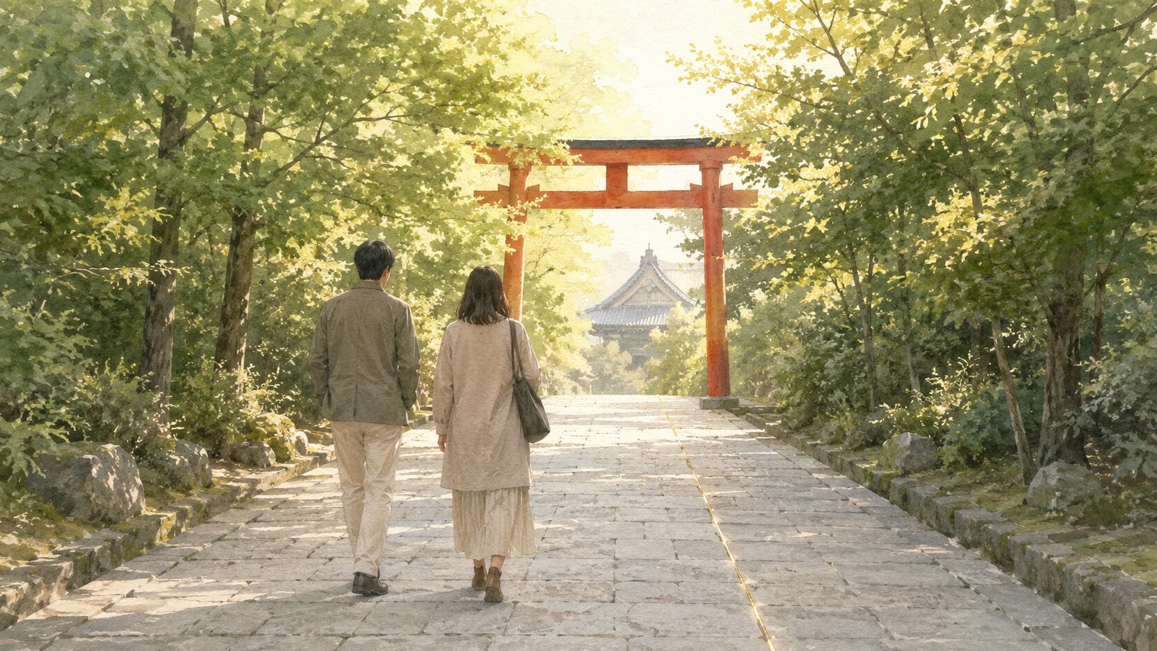 ivory washi 背景に painterly な参道遠景。後ろ姿の現代参拝者 2 人が歩く参道の奥に鳥居と寺院の屋根が並んで見える。神社と寺院の双方を訪れる両参りと日本の宗教観の柔軟性を象徴