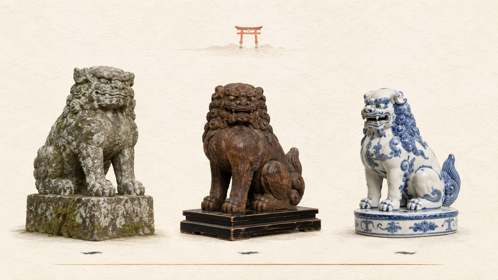 ivory washi 背景に painterly な俯瞰画像。左から石製狛犬(屋外・御影石)、中央の木造狛犬(平安期内陣・飴色)、右の陶器製狛犬(伊万里焼風・白磁藍色絵付け)、上空に朱色鳥居遠景。狛犬の素材の多様性を象徴