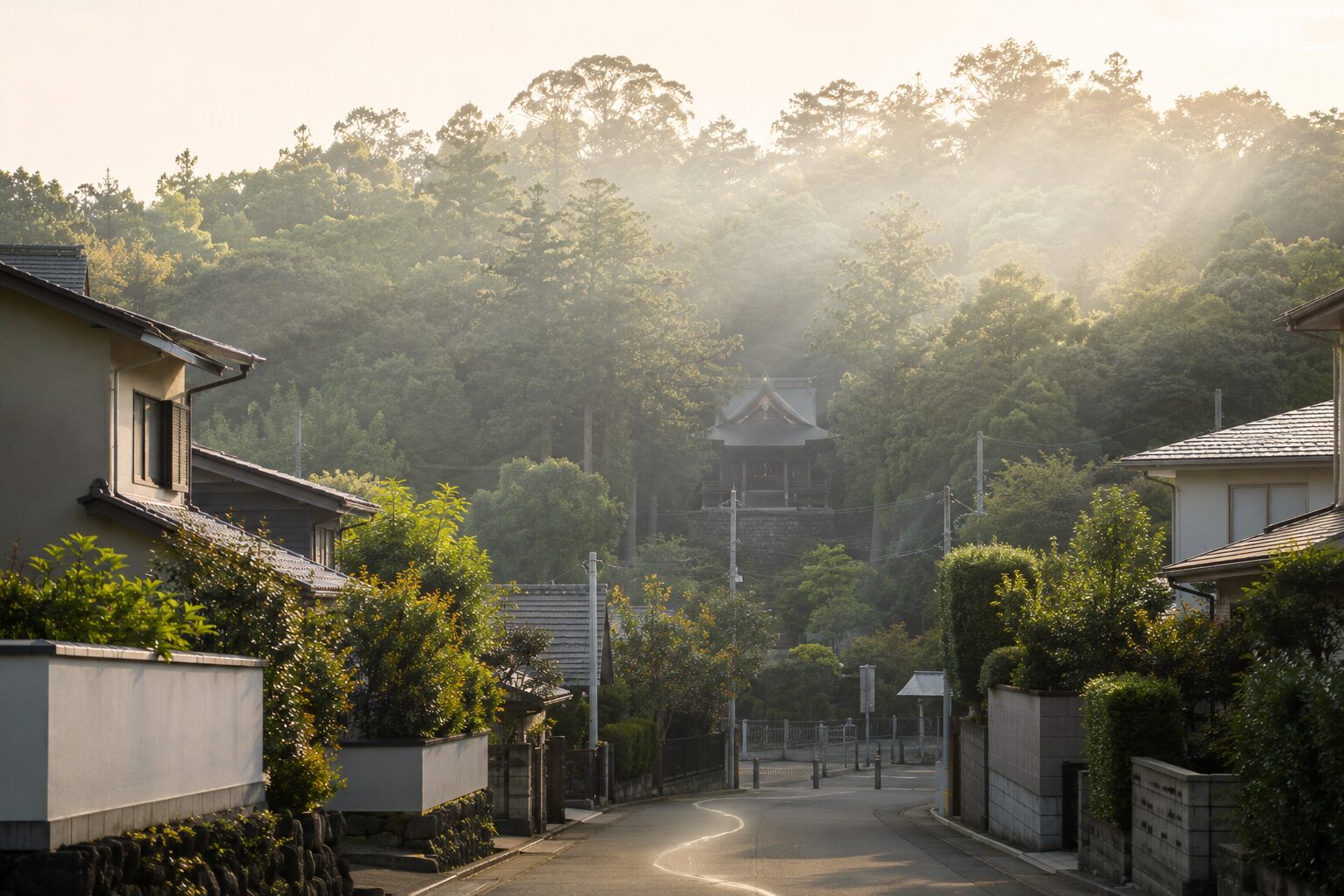 ivory washi 背景に painterly な現代の住宅街の手前と、奥に広がる 1 つの鎮守の森（神社の境内に隣接する森林）、森の中心に 1 棟の小さな本殿シルエット、朝の柔らかな光が森を包む構図。現代の暮らしと自然信仰の共生を象徴