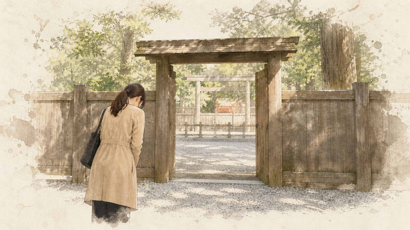 現代の伊勢神宮の外玉垣南御門前で、後ろ姿の参拝者が静かに頭を下げる風景、奥に瑞垣のシルエットが薄く見える、見えない聖域への敬意を象徴