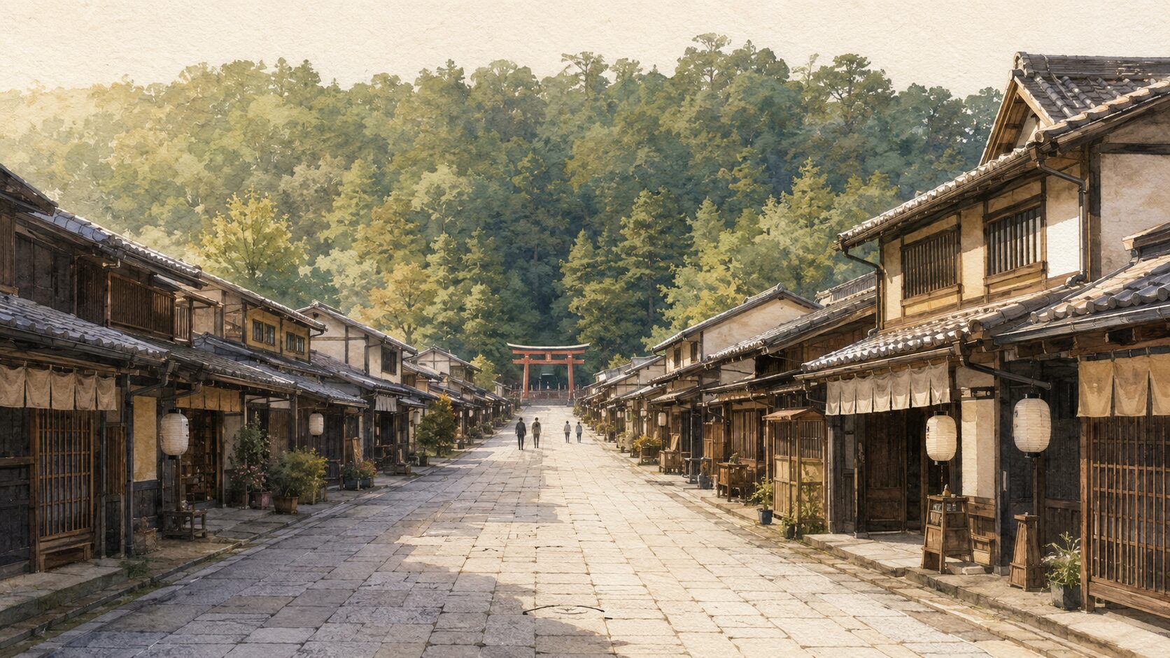 ivory washi 背景に painterly な現代の門前町参道の遠景。手前から奥への石畳通り、両側に保存された町家・茶屋・土産物店、参拝観光客の点景、奥に朱色鳥居。現代に続く門前町文化のにぎわいを象徴