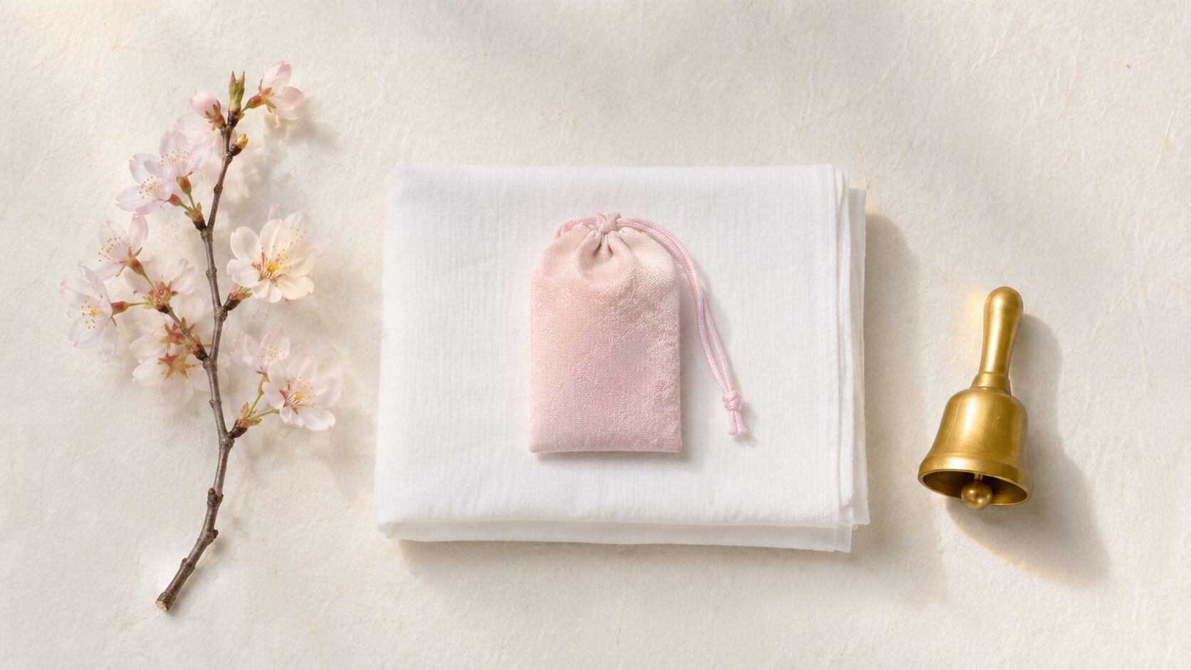 ivory washi 背景に painterly な俯瞰画像。中央に折りたたまれた白いさらしの岩田帯と淡い桃色の安産お守り、左に桜の小枝、右に小さな金色の鈴。御祈祷後の腹帯と帯祝いの伝統を象徴