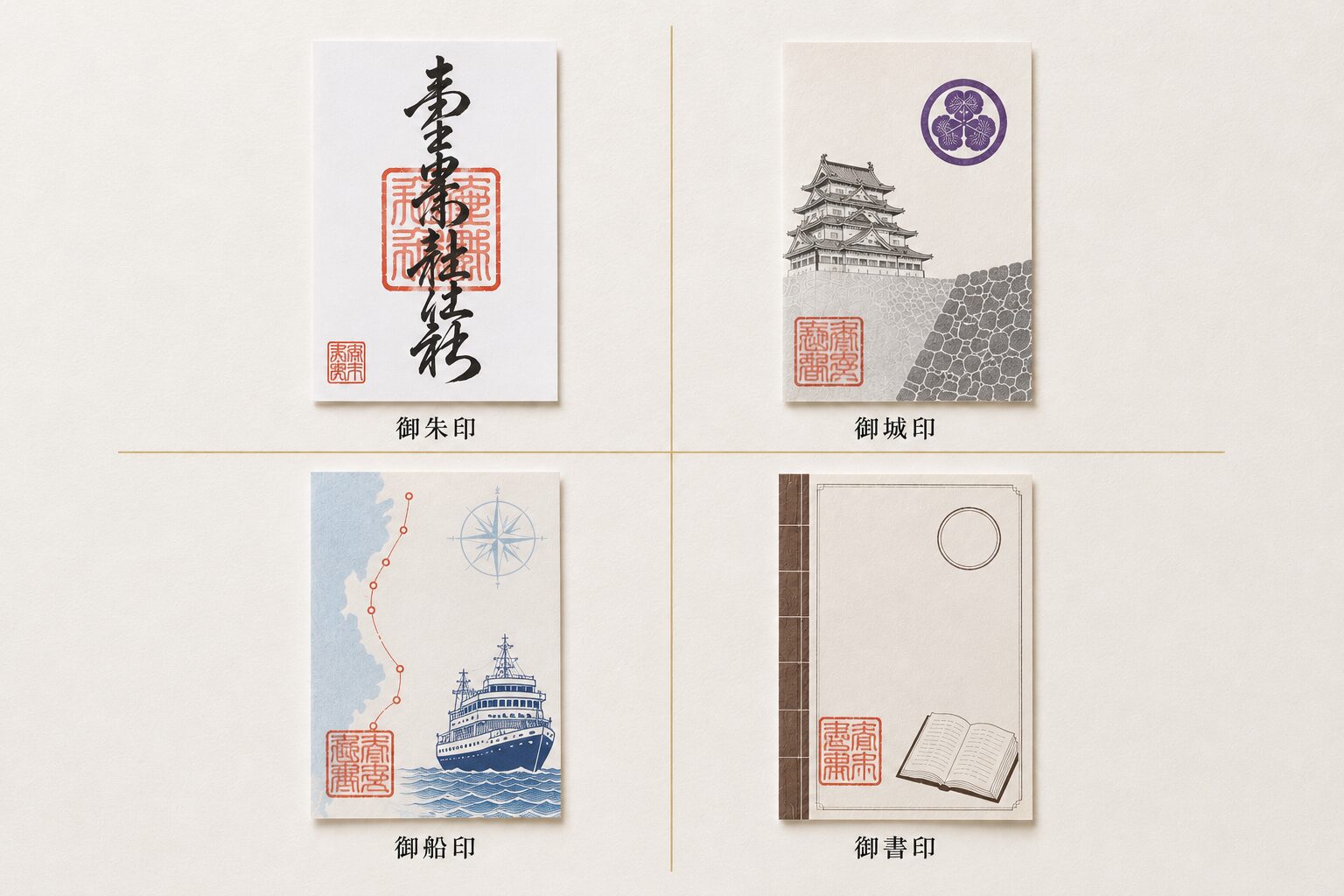 ivory washi 背景に painterly な4種の印章紙が2×2のグリッドで並列配置、左上に1枚の御朱印(手書き墨書 + 朱印)、右上に1枚の御城印(印刷物、城名と家紋)、左下に1枚の御船印(船名と航路)、右下に1枚の御書印(書名と日付)。各印には小さな日本語ラベル(御朱印・御城印・御船印・御書印)が下部に配置