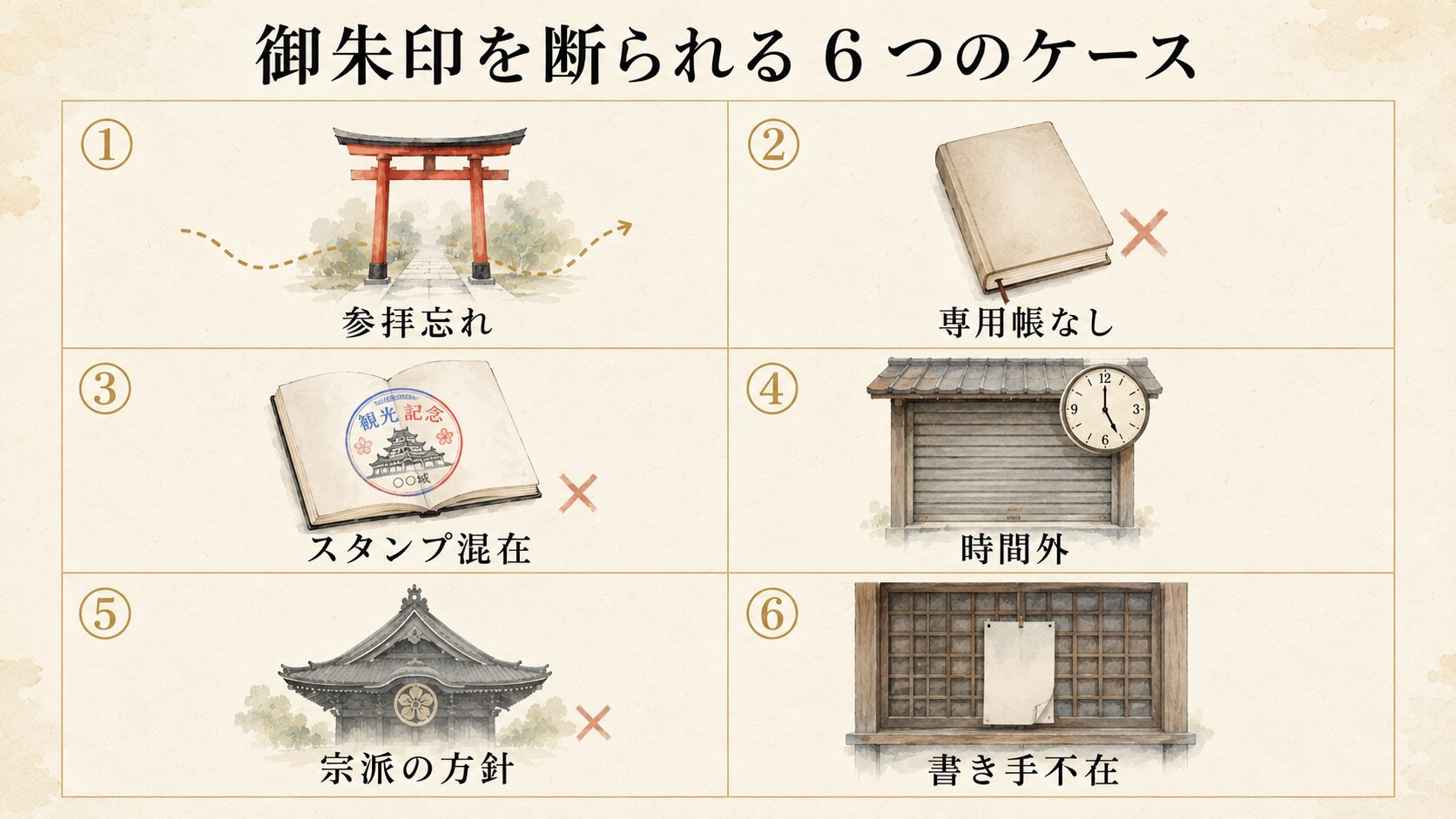 御朱印を断られる代表的な6つのケースを2列3行のグリッドで概念図化。各ケースをアイコン（参拝忘れ・ノート・スタンプ・時計・宗派・繁忙）で記号化したインフォグラフィック