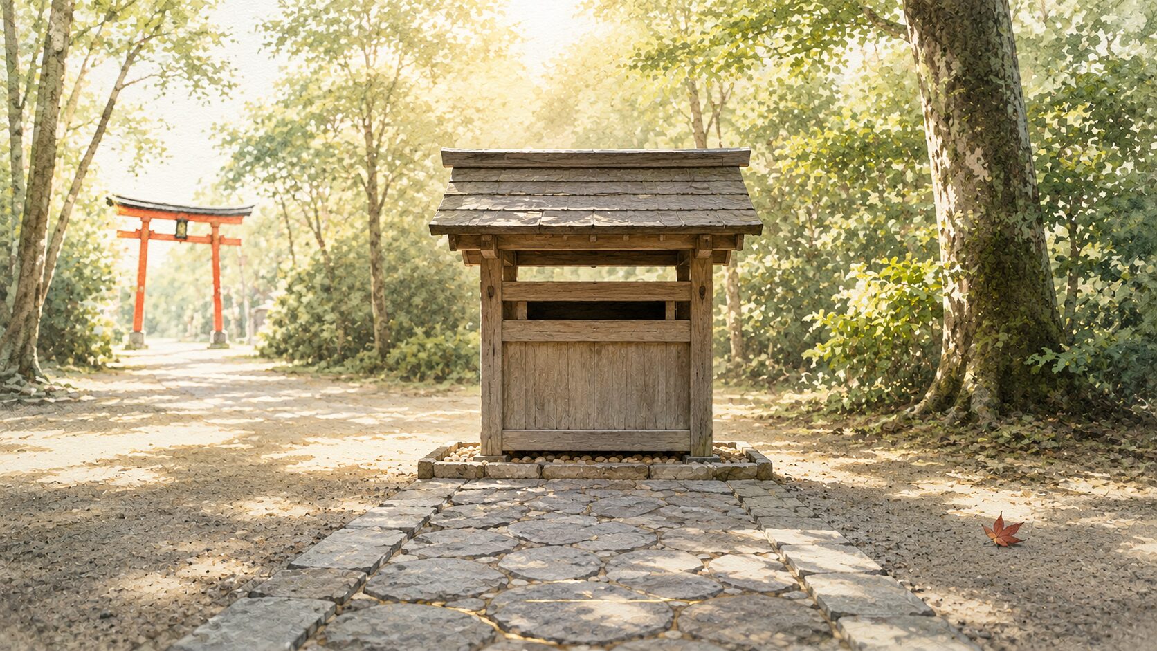 ivory washi 背景に painterly な神社境内の古札納所の遠景。木製の納所と屋根、手前の石畳参道、左に朱色鳥居遠景、両側の鎮守の森。お守りの返納の場と年末の節目を象徴