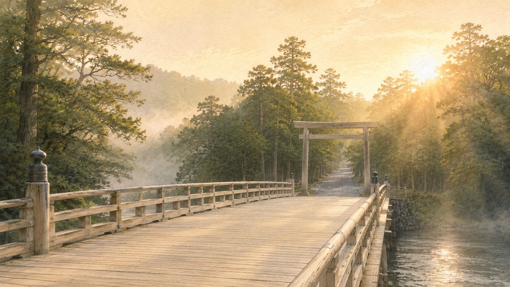 伊勢神宮内宮の宇治橋と鳥居・参道を遠景で描いた早朝の painterly 構図。五十鈴川の輝きと杉並木の静謐な雰囲気
