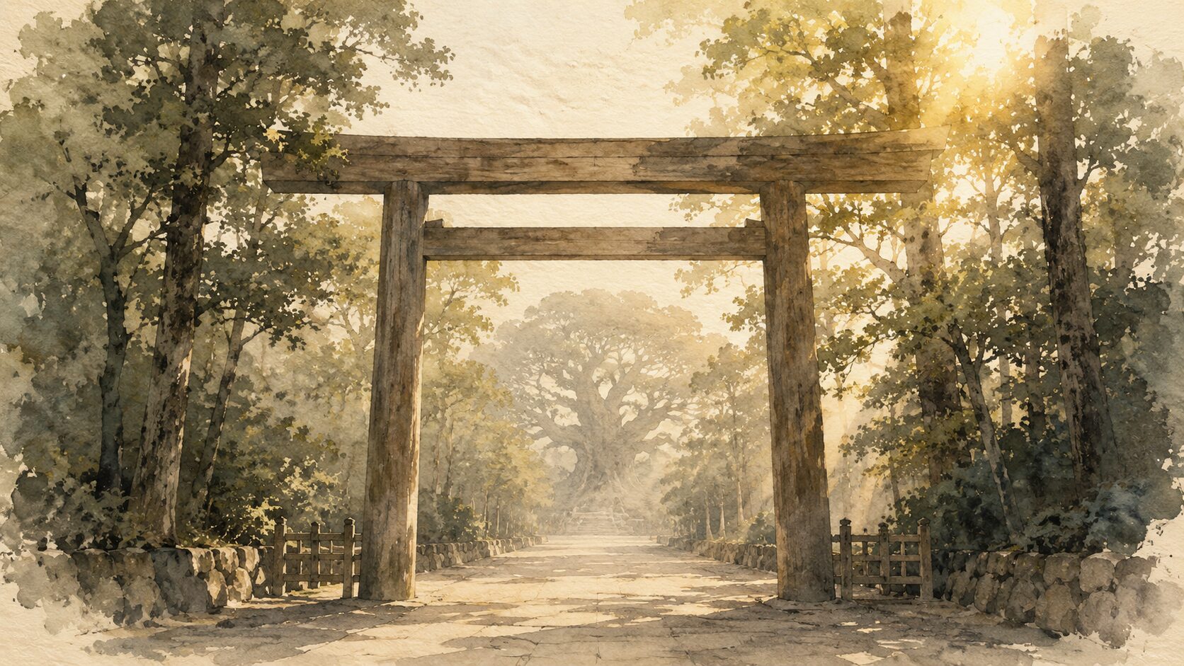 ivory washi 背景に painterly な熱田神宮の一の鳥居、参道の両側に深い杜、遠景に大楠の painterly な樹影、朝の光が差し込む構図、参拝の入口を象徴