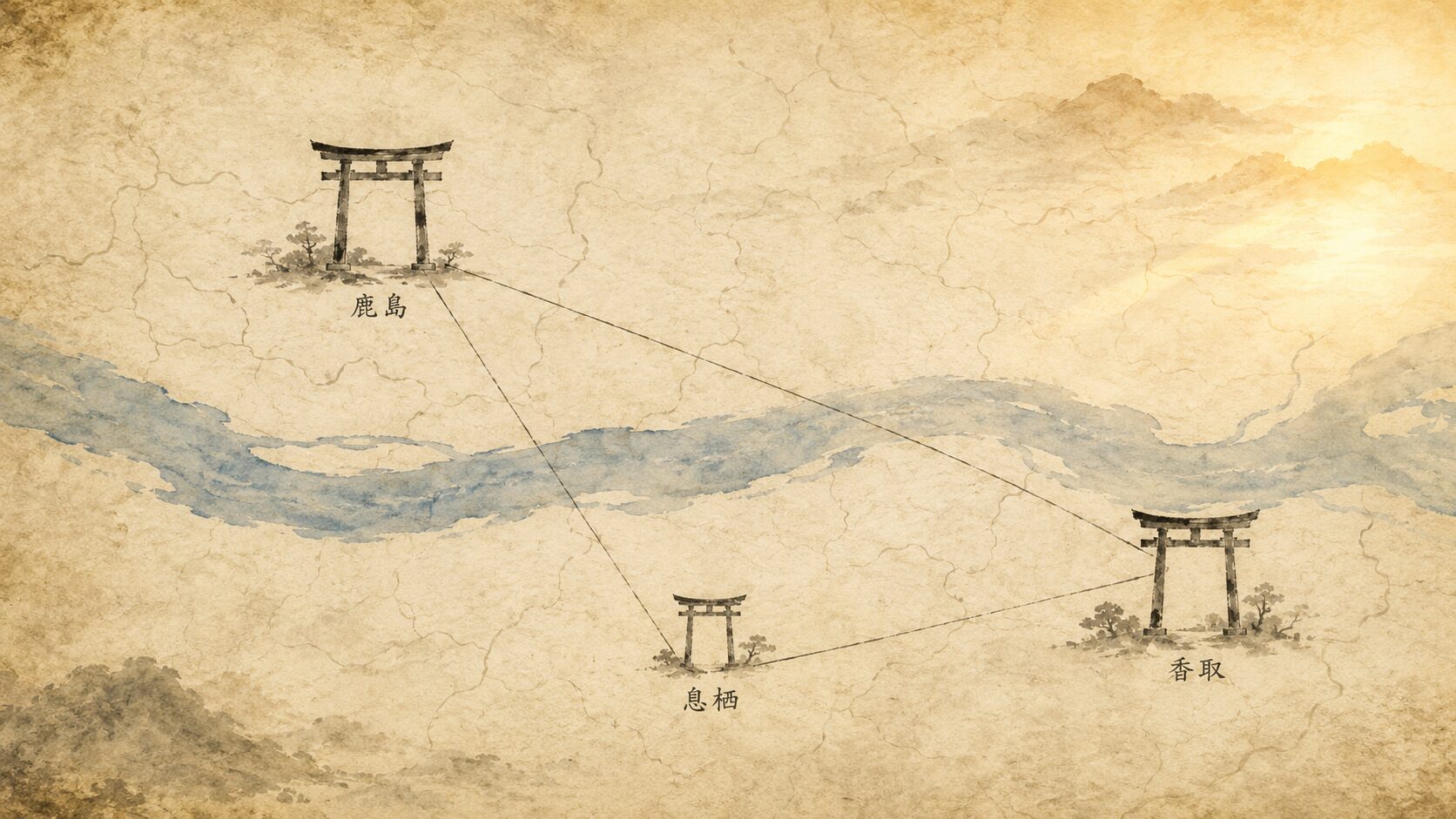 ivory washi 背景に painterly な aged washi 地図風背景、3つの小さな鳥居のシルエットを painterly な参拝路の線で結び、中央に利根川、それぞれに鹿島・香取・息栖のラベル、東国三社めぐりを象徴する構図