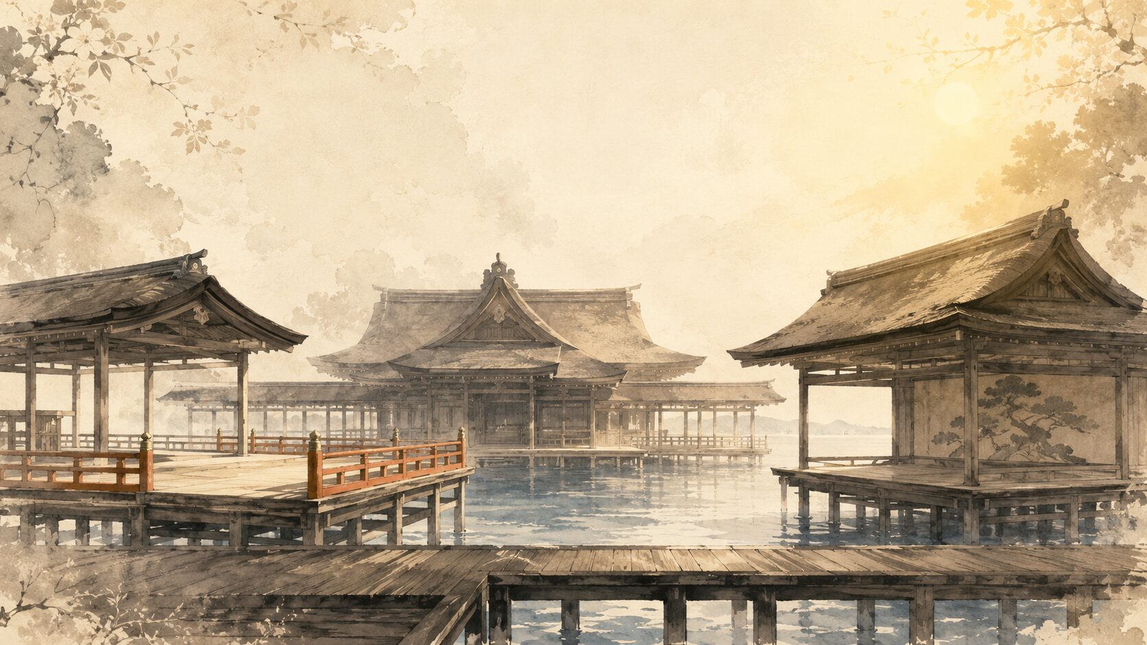 ivory washi 背景に painterly な厳島神社の境内案内、中央奥に本社本殿のシルエット、手前左に高舞台、手前右に能舞台、回廊が結ぶ構図、境内の見どころを象徴