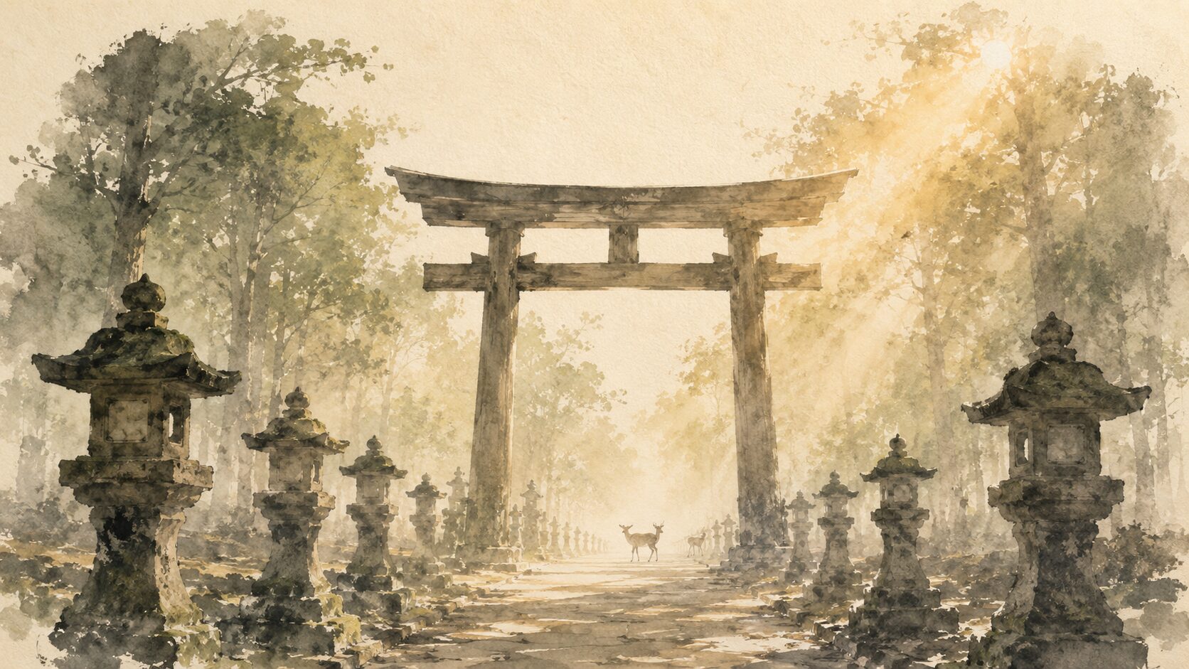 ivory washi 背景に painterly な春日大社の二之鳥居のシルエット、両側に石燈籠の列が伸び、朝の光が差し込む構図、参拝の入口を象徴