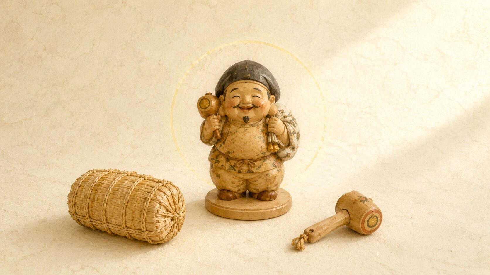ivory washi 卓上に painterly な郷土玩具風の素朴な大黒天の小さな人形・米俵・打ち出の小槌が静かに置かれた構図、大国主と大黒天の習合と『だいこくさま』信仰を象徴