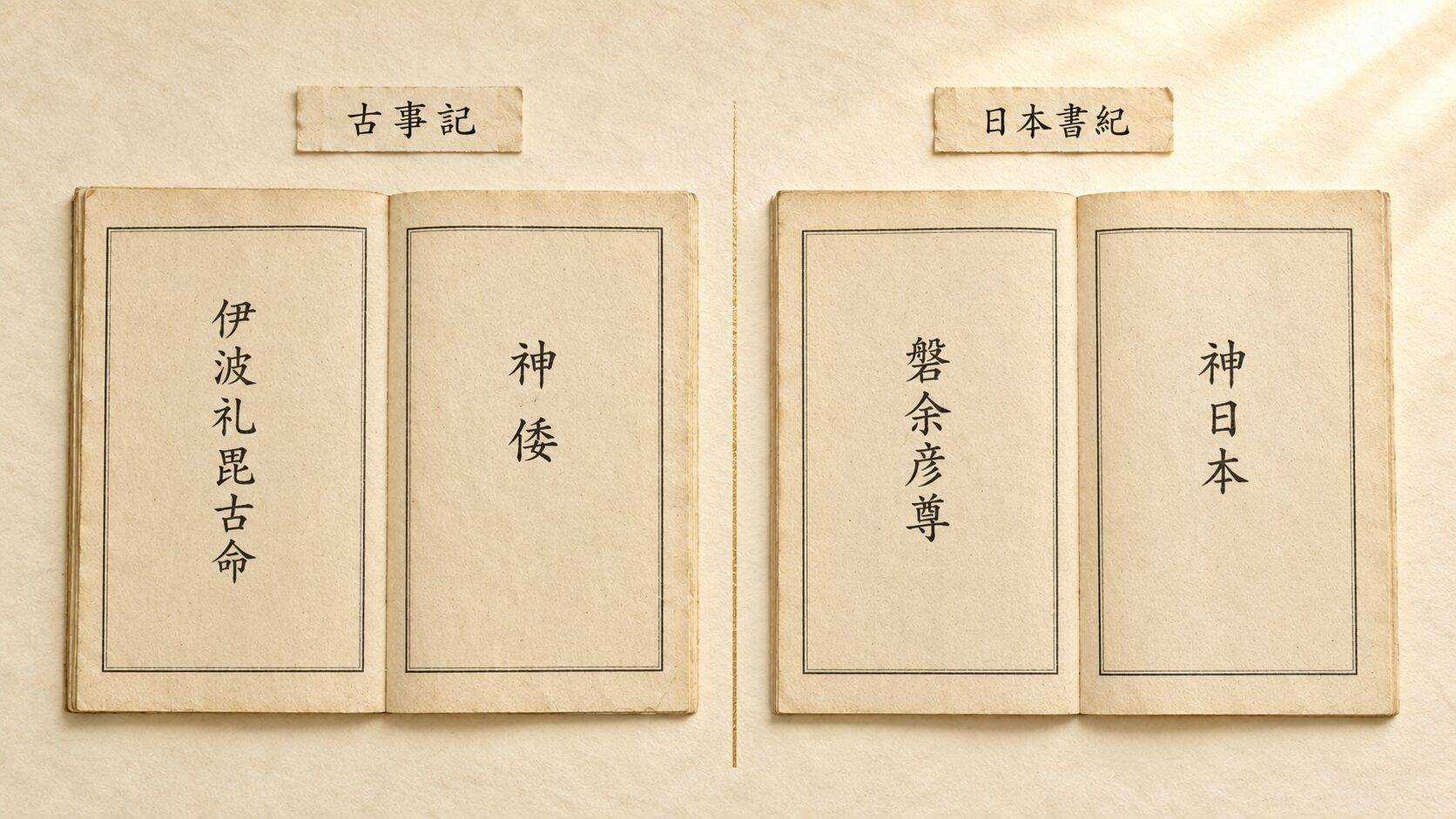 ivory washi 卓上に painterly な和綴じ古書2冊(左:古事記、右:日本書紀)が並べられた静物、神武天皇の表記の違いを象徴