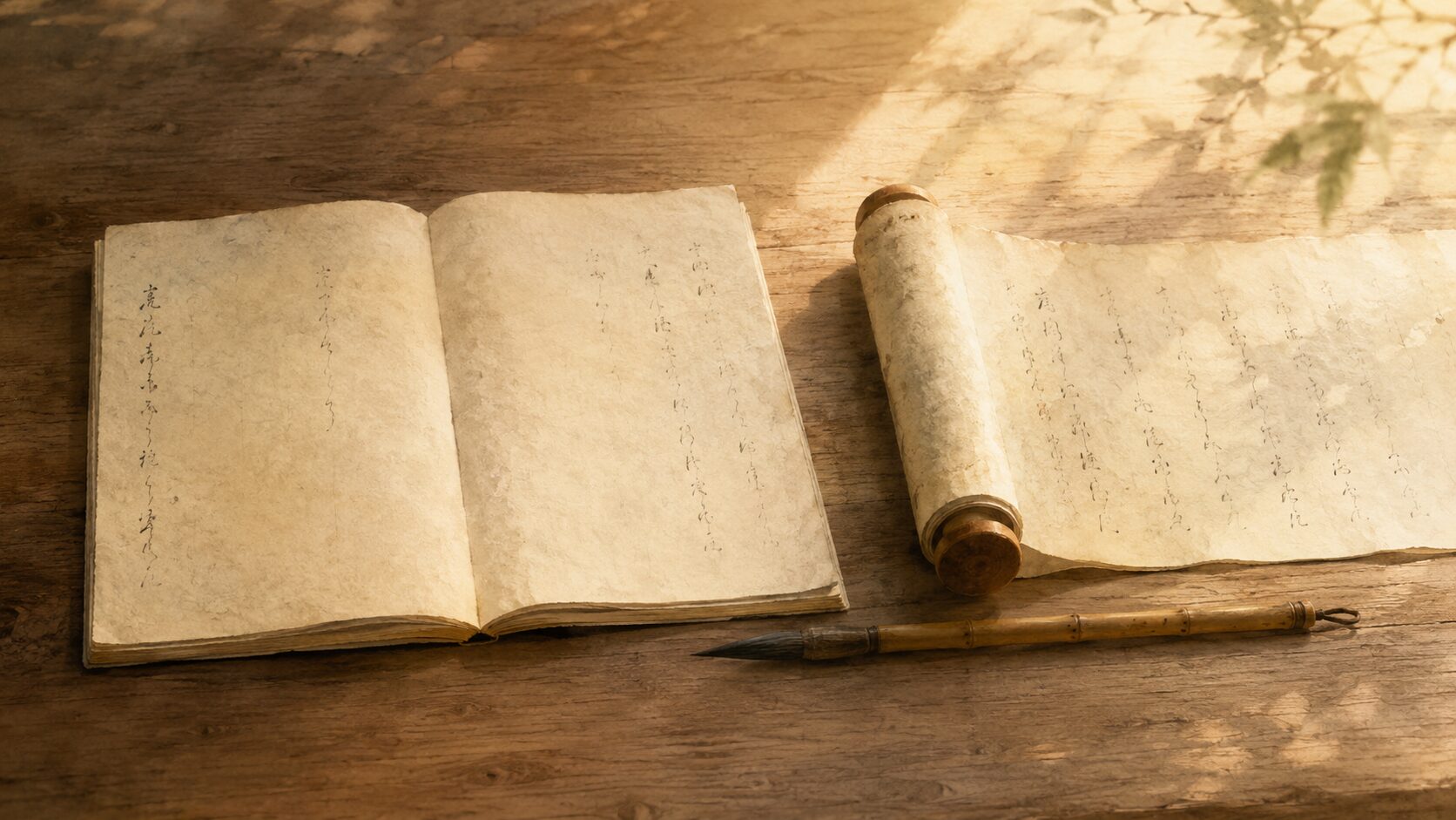 ivory washi 背景に painterly な和綴じ古書と巻物、墨の筆が並ぶ静物、静かな朝の光が差し込む構図、よくある質問のセクションを象徴