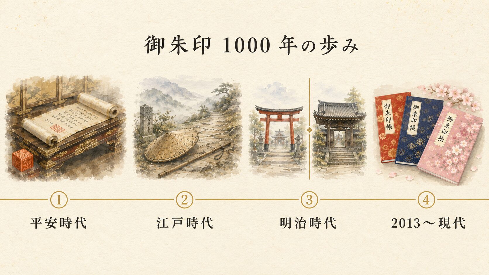 御朱印の歴史を平安・江戸・明治・2013年の4つの時代ポイントで横一列のタイムライン化した画像。各時代を象徴する小さなシーンを左から右へ配置