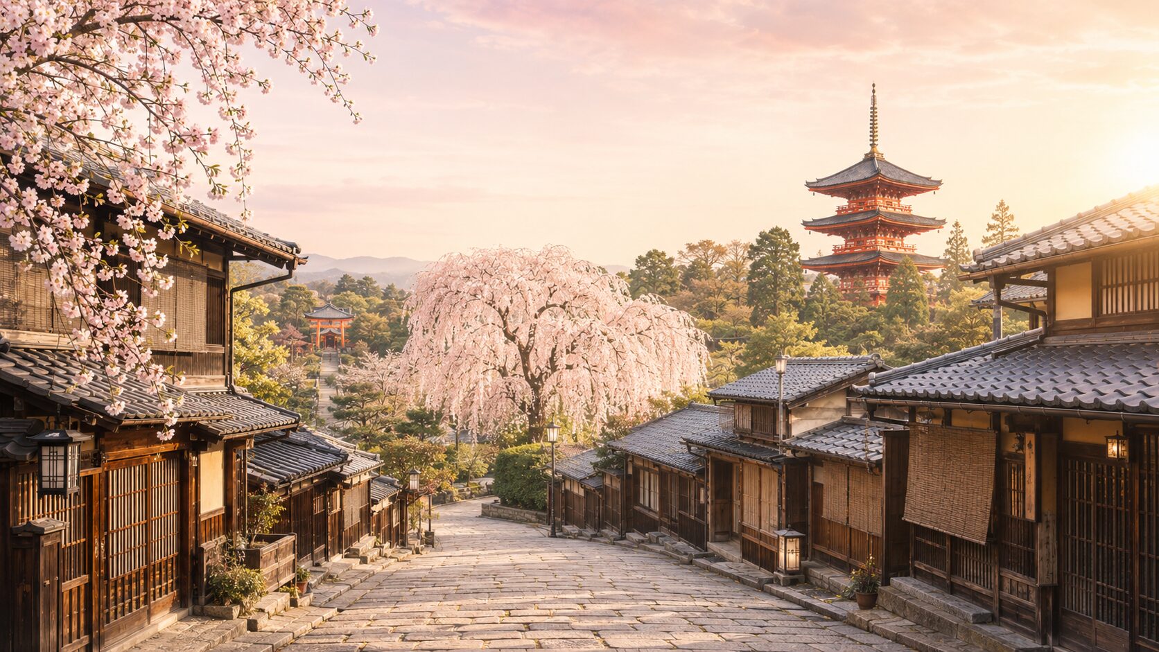 京都の祇園・東山観光ルートを象徴する painterly 遠景。中央に円山公園のしだれ桜と石畳、奥に清水寺の三重塔、手前に二寧坂を配し、京都らしい風情を視覚化