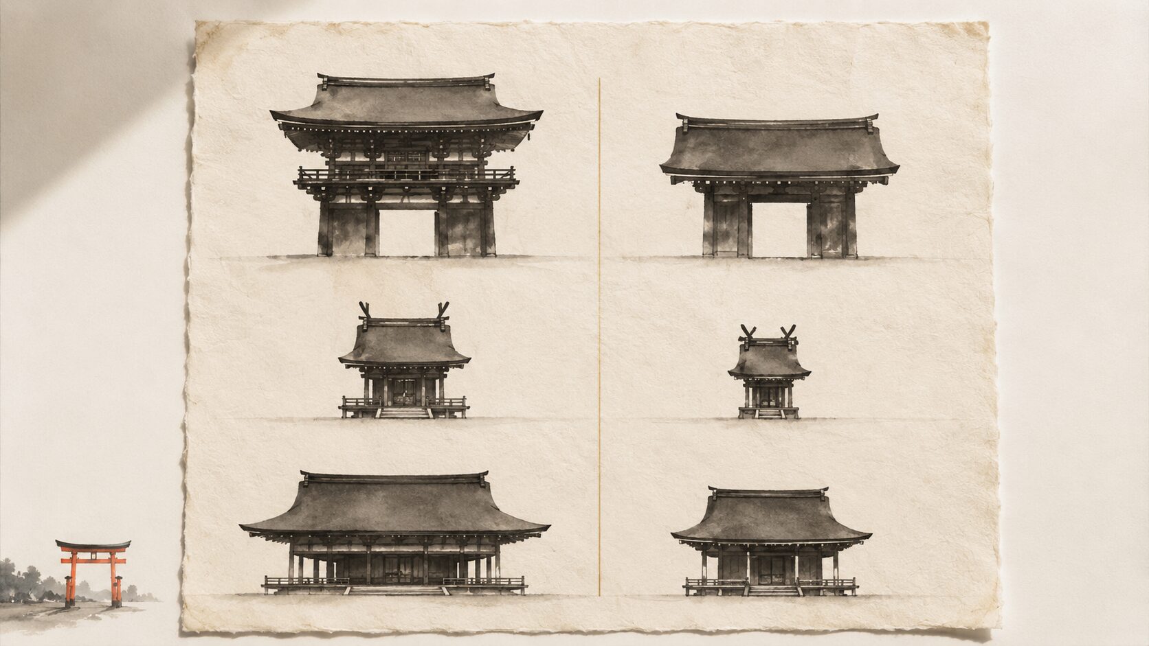 ivory washi 背景に painterly な俯瞰画像。中央の古い和紙に 3 組の対比要素(楼門/神門・摂社/末社・拝殿/幣殿)が縦に並ぶ、左下に朱色鳥居遠景。境内図の迷子ポイント 3 組の見分けを象徴