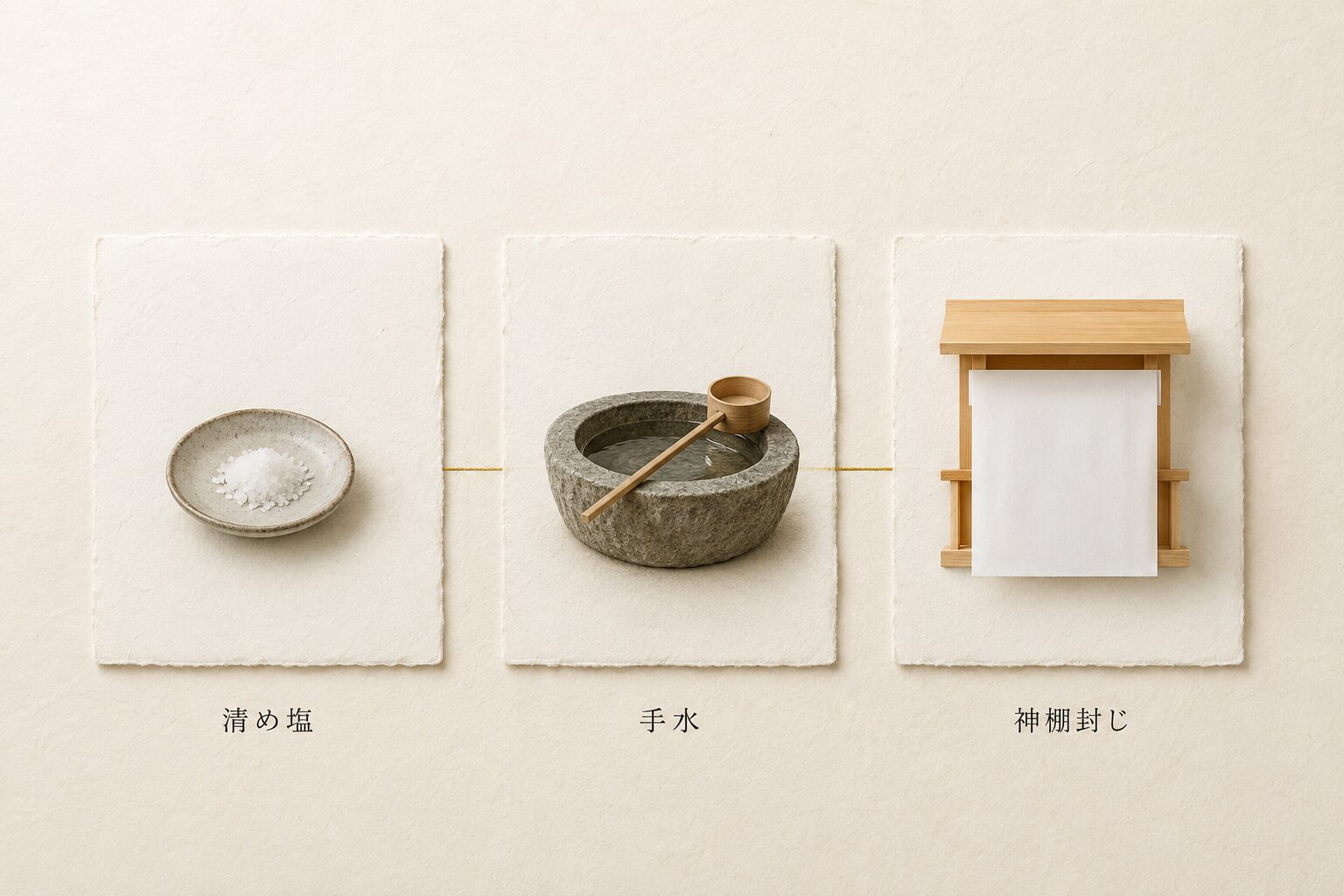 ivory washi 背景に painterly な 3 枚の和紙絵札が横並びで配置、左：粗塩を盛った小皿が描かれた絵札（葬式後の清め塩を象徴）、中央：手水鉢と柄杓が描かれた絵札（神社の手水を象徴）、右：神棚に貼られた白い半紙が描かれた絵札（神棚封じを象徴）、それぞれの絵札下に小さな日本語ラベル「清め塩」「手水」「神棚封じ」。現代に受け継がれる穢れの浄化作法 3 種を象徴