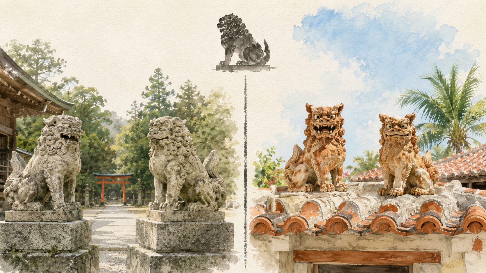 ivory washi 背景に painterly な俯瞰画像。左に本土の石製狛犬一対と朱鳥居・鎮守の森、右に沖縄のシーサー一対と瓦屋根・椰子の木、中央上に共通の祖の中国獅子。狛犬とシーサーの違いと共通の祖を象徴