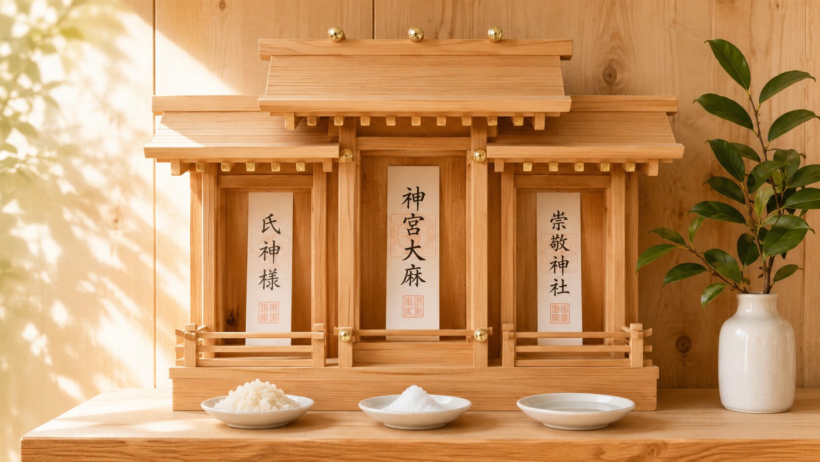三社造りの家庭の神棚を正面から描いた painterly 構図。中央に神宮大麻、右に氏神様、左に崇敬神社のお神札を配し、手前に米・塩・水の供物