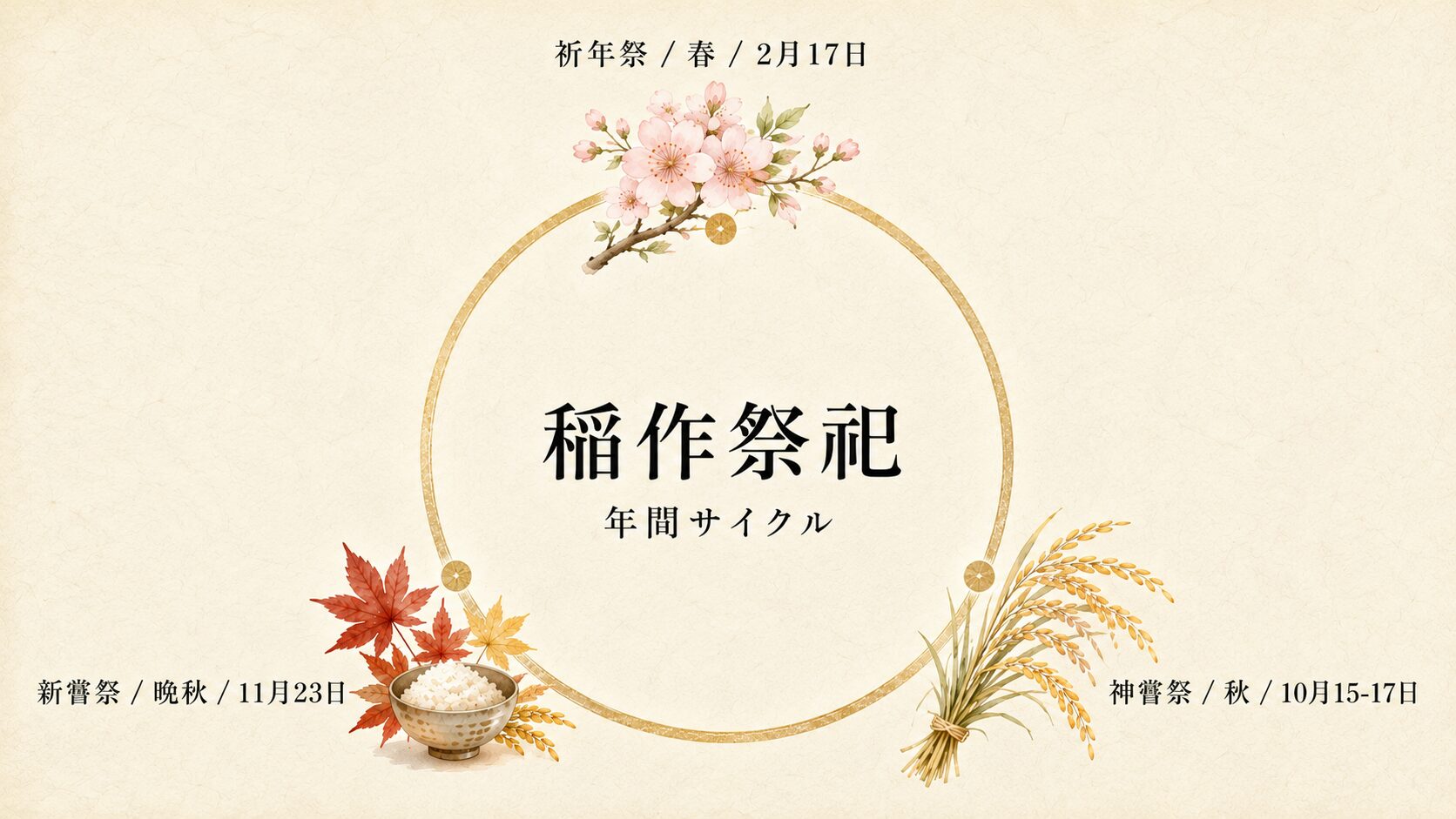 祈年祭（春・2月17日）・神嘗祭（秋・10月15-17日）・新嘗祭（晩秋・11月23日）が円環状にめぐる稲作祭祀の年間サイクル概念図