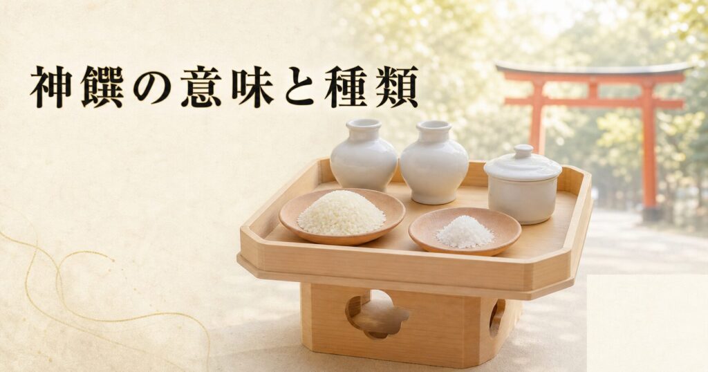 ivory washi 背景に写真実在感で描いた神饌のアイキャッチ画像。白木の三方に、かわらけに盛った洗米、白磁の瓶子一対のお神酒、塩の盛り、水器を端正に載せ、奥に朱色の鳥居のシルエットと鎮守の森、朝の柔らかな光。左上に「神饌の意味と種類」の横書きタイトル。神様に供える食べ物=神饌を象徴する。