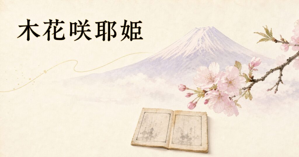 ivory washi 背景に painterly な富士山の淡いシルエットと手前に広がる山桜の枝、傍らに和綴じの古書を配し、記紀の物語と後世に重なった桜・富士山のイメージを象徴した、タイトル「木花咲耶姫」を左上に横一行で配したアイキャッチ画像