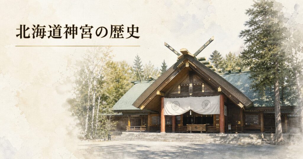 北海道神宮の本殿シルエットを中心に、北海道の杉と白樺の木立を朝の光の生成り washi 背景に配し、左上にタイトル「北海道神宮の歴史」を配置したアイキャッチ画像（方位記号なし）
