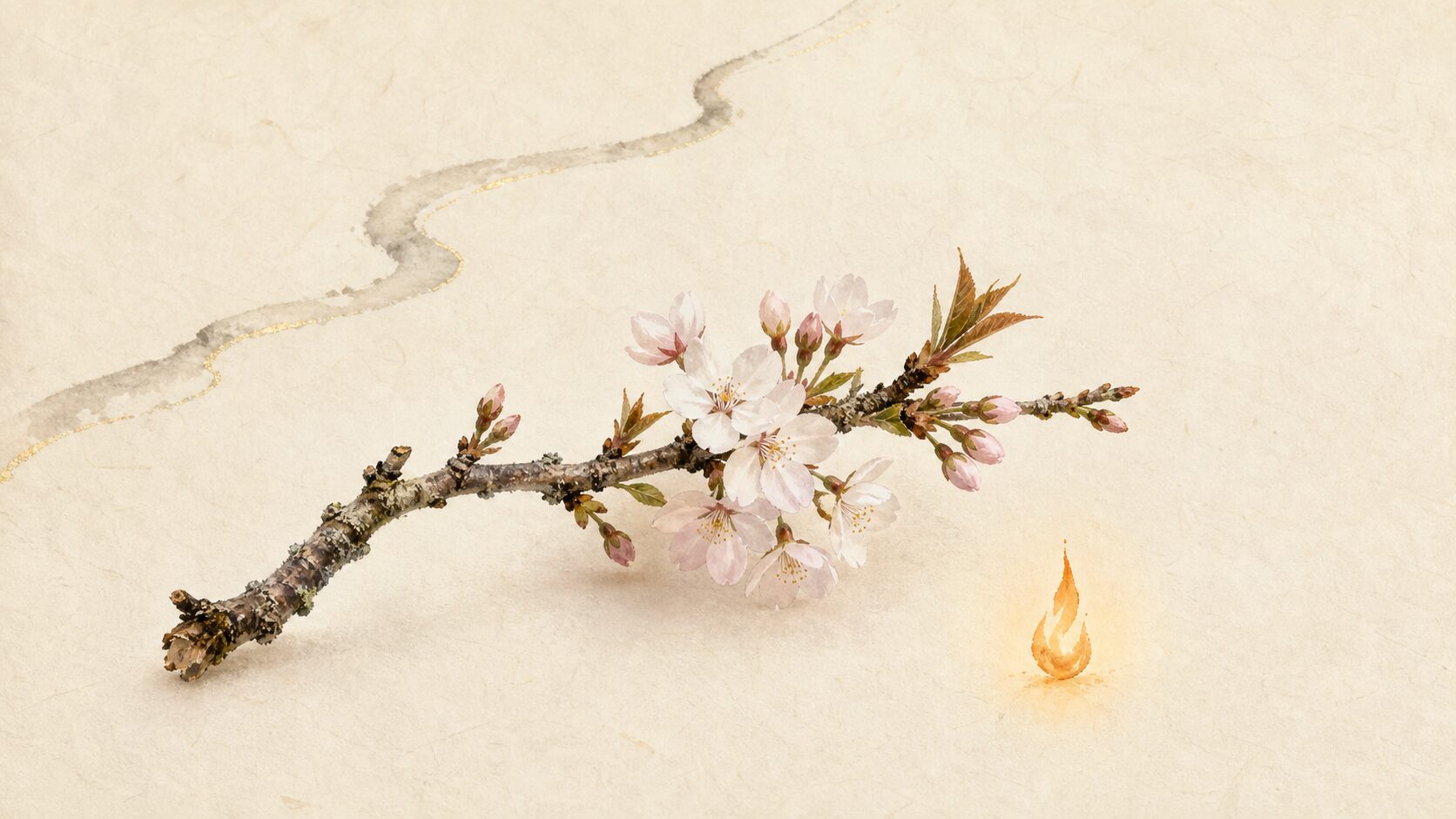 ivory washi 背景に painterly なひと枝の山桜と、傍らのやわらかな小さな炎を配し、木花咲耶姫の名に宿る木の花と火中出産の物語を象徴した画像