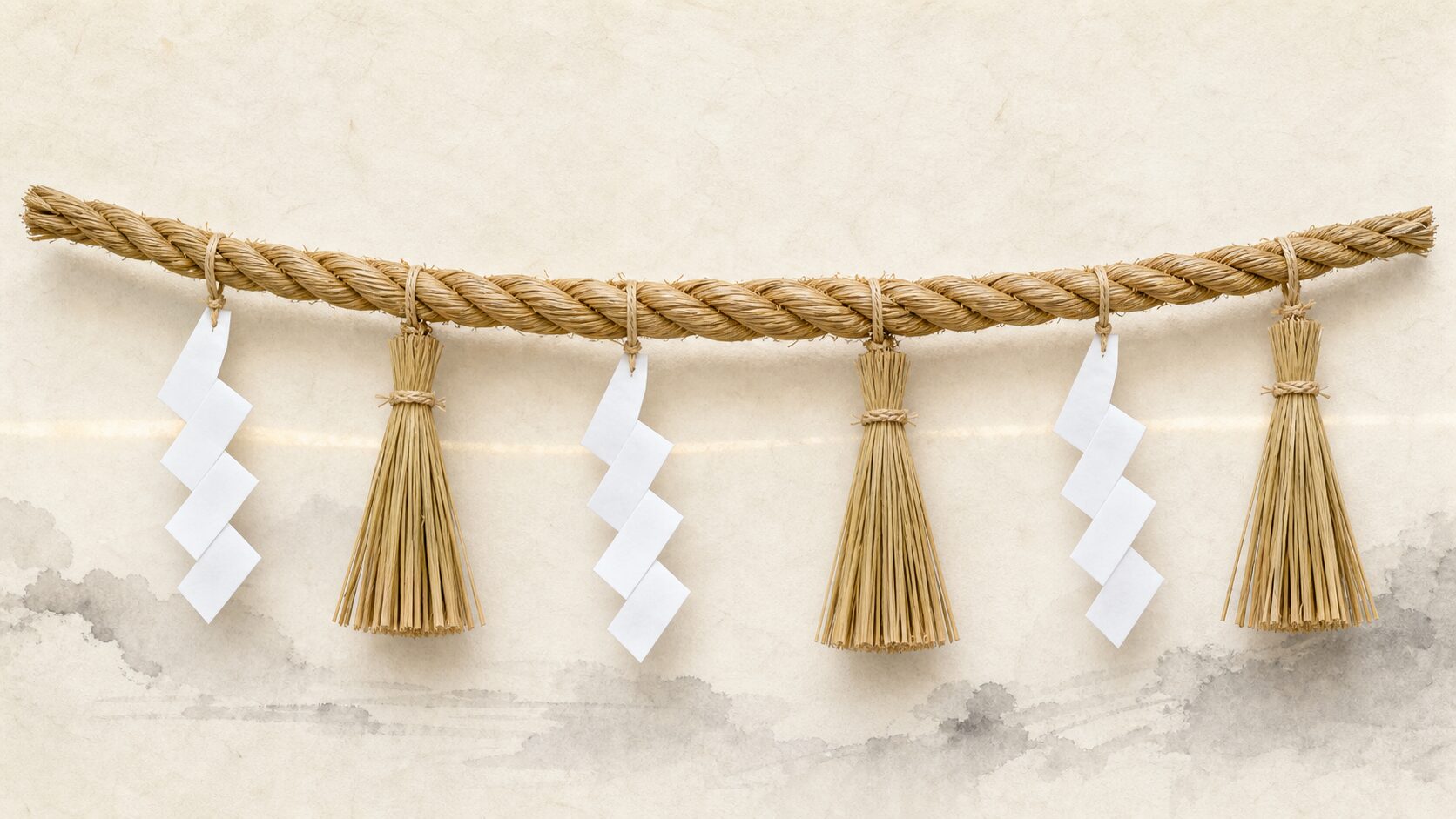 ivory washi 背景に painterly な一本の注連縄と垂れる紙垂・注連の子、縄・紙垂・注連の子の各部位にラベル付き、神域と俗世を分ける結界のしるしを視覚化