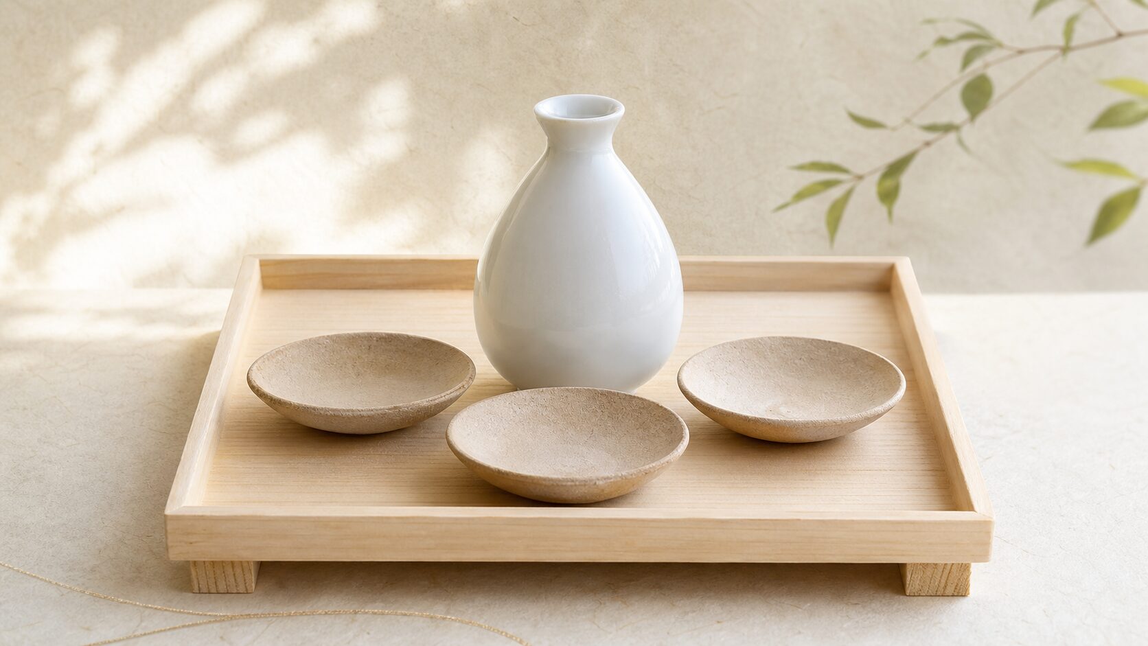 ivory washi 基調で写真実在感に描いた直会の静物。白木の台に白磁の瓶子一本とかわらけの盃を数枚、注ぎ分けるように端正に並べ、傍らに下げた洗米を少し添え、朝の柔らかな光が満ちる。神前のお下がりを分け合う神人共食と直会の考え方を象徴する画像。