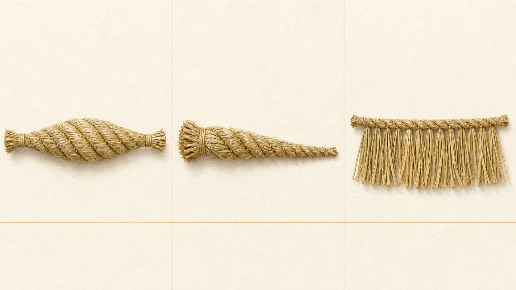 ivory washi 背景に painterly な注連縄3種の比較、中央が太く両端が細い鼓胴注連・元が太く先へ細くなる大根締め・藁を一面に垂らす前垂注連、種類ごとの形の違いを視覚化