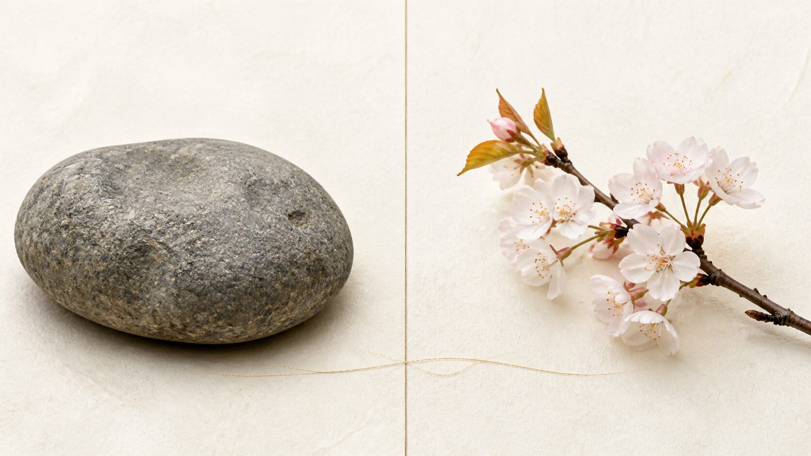 ivory washi 背景に painterly な自然石（岩＝姉イワナガヒメ・永遠）と山桜の花（＝妹コノハナサクヤヒメ・繁栄）を左右に対置し、いのちの永さと儚さの選択を象徴した画像