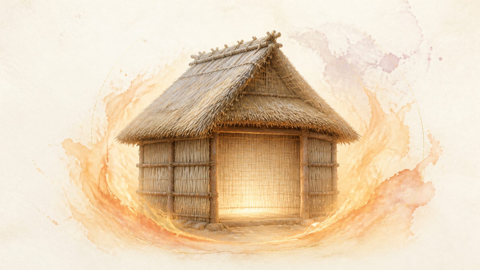 ivory washi 背景に painterly な戸のない古代の産屋のシルエットと、それを静かに包むやわらかな炎、内側のほのかな光を配し、火中出産の神話を象徴した画像