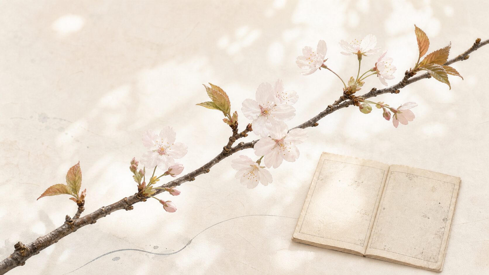 ivory washi 背景に painterly な山桜の枝と花が広がり、傍らに和綴じの古書を添え、後世に重なった「桜の女神」のイメージを象徴した画像