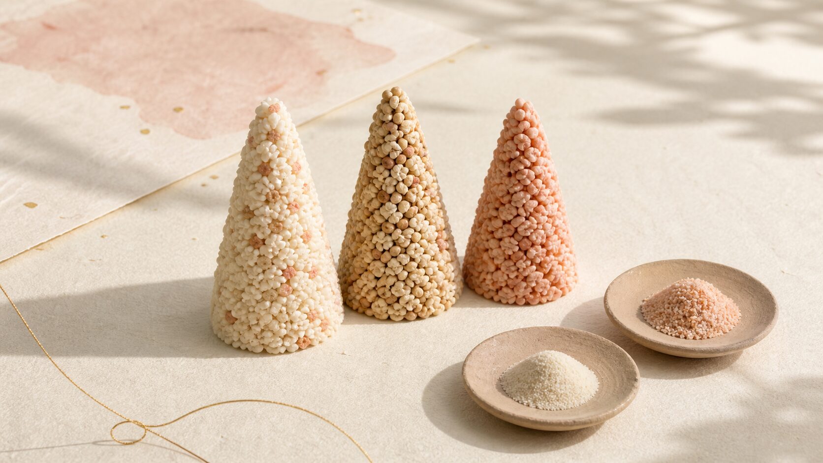ivory washi 基調で写真実在感に描いた特殊神饌の情景。食紅で淡く染めたもち米を円錐状に精巧に積み上げた色物の供物の塔を数基端正に並べ、傍らに素焼きの土器に盛った清らかなお供えを添え、朝の柔らかな光が差す。談山神社の百味の御食や伊勢神宮の由貴大御饌など有名神社の特殊神饌を象徴する画像。