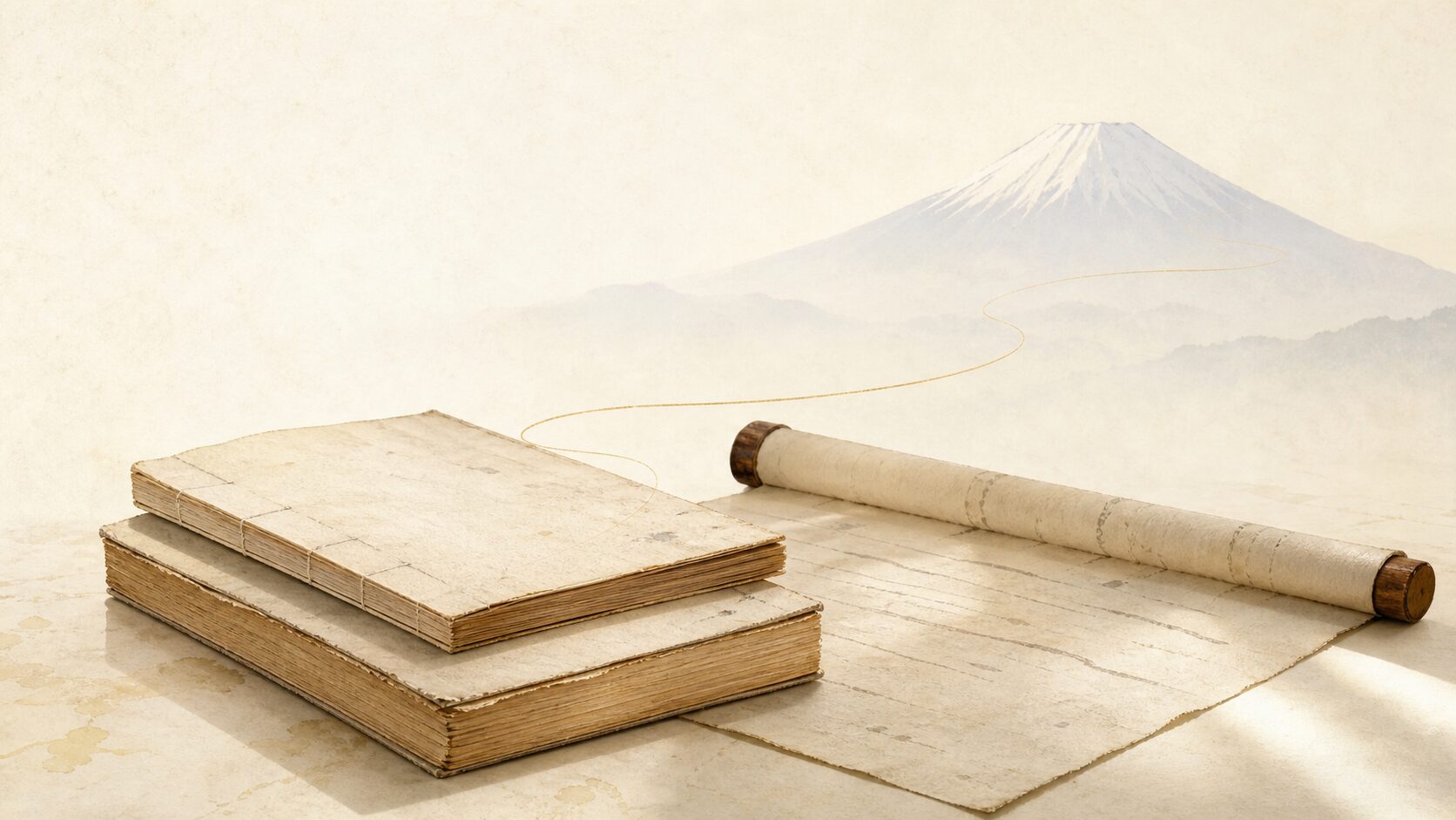 ivory washi 背景に painterly な富士山の淡いシルエットと、手前に積み重なる時代の異なる古い和書・巻物を配し、富士山の神と木花咲耶姫が長い時間をかけて結びついた道すじを象徴した画像