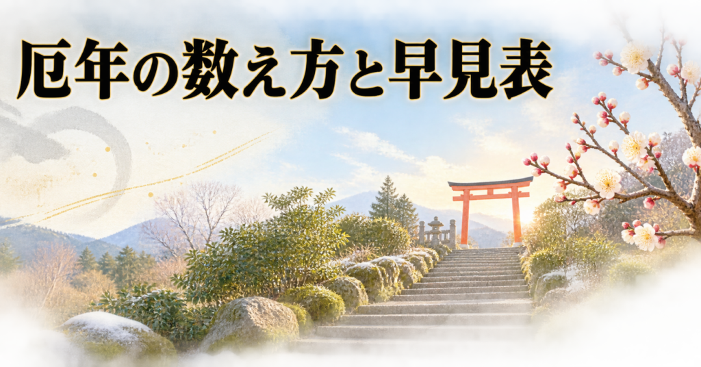 ivory washi 背景に painterly な風景パノラマ画像。手前から奥へ1本伸びる石段の参道と、両脇の常緑の低木と苔むした石、右手前に梅の枝が1本。奥に朱色の鳥居1基のシルエットと、淡い朝の空。左上に「厄年の数え方と早見表」の横書きタイトル。暦と人生の節目を示す厄年記事のアイキャッチ画像。