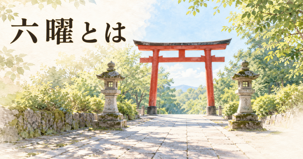 晴れた朝の神社の参道を正面から見た painterly なアイキャッチ画像。石畳のまっすぐな参道が奥へ続き、中景に朱の鳥居が1基、手前の左右に苔のついた石燈籠が1基ずつ立つ。両側は新緑の木々で、朝の斜光が石畳に長い影を落とす。左上に「六曜とは」の横書きタイトル。