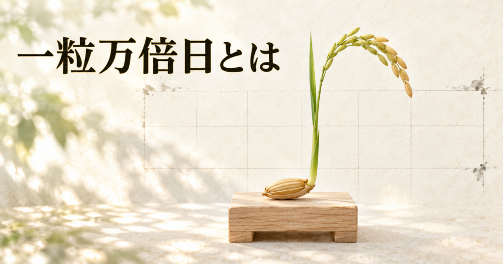 ivory washi 背景に painterly な単一象徴のイメージ画像。中央に一粒の籾から立ち上がる一本の若い稲、背景には暦の升目が墨の細線で淡く透け、左上に「一粒万倍日とは」の横書きタイトル。一粒の籾が実りへ向かうという日の名前の由来を象徴するアイキャッチ画像。
